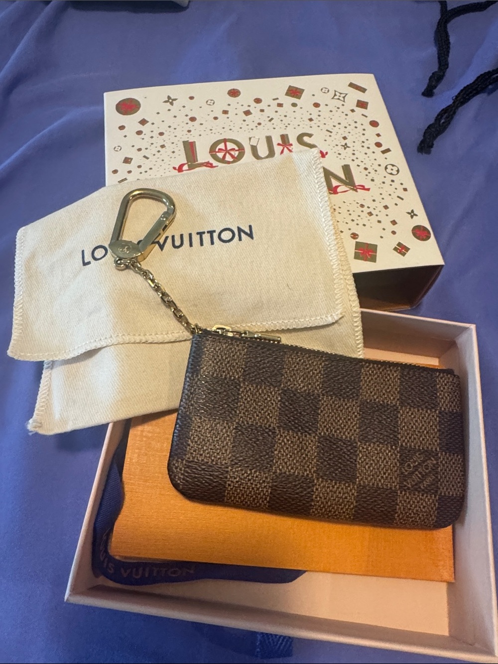 Louis Vuitton Brown Damier Ebene Key Coin Pouch with Gold Chain